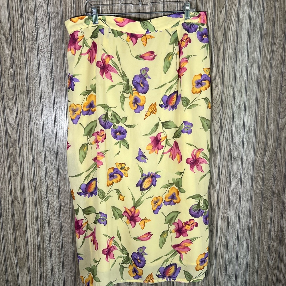 Plus Size Yellow Floral Butterfly Print Midi Pencil Skirt